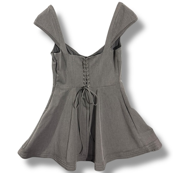 House of CB Cheri French Grey Fitted Mini Dress - Lace Up Back Fit Flare  L+ - Picture 2 of 16